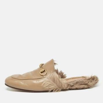 Pre Owned Gucci Beige Leather and Fur Princetown Flat Mules Size 44