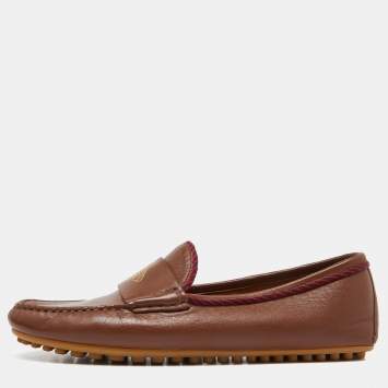 Pre Owned Gucci Brown Leather Slip On Loafers Size 41