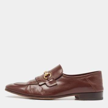 مملوكة مسبقًا Gucci Brown Leather Brixton Fringe Detail Slip On Loafers Size 43