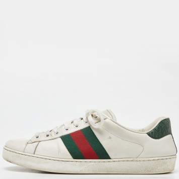 Pre Owned Gucci White Leather Web Detail Ace Low Top Sneakers Size 43
