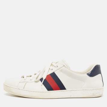 Pre Owned Gucci White/Navy Blue Leather and Python Embossed Ace Sneakers Size 46.5