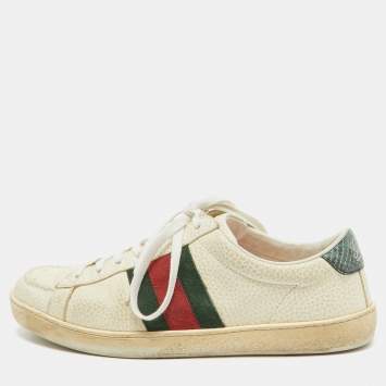 Pre Owned Gucci Cream Grained Leather Ace Sneakers Size 41.5