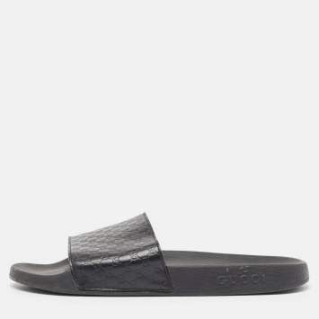 Pre Owned Gucci Black Microguccissima Leather Flat Slides Size 43