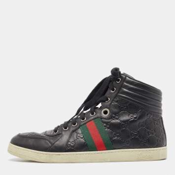 مملوكة مسبقًا Gucci Black Guccissima Leather Web High Top Sneakers Size 43