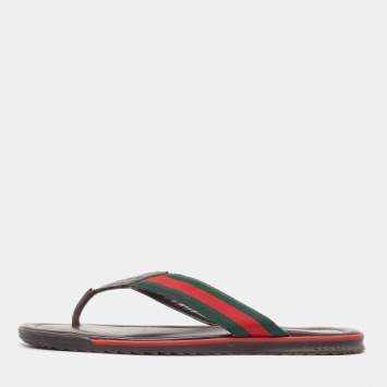 Pre Owned Gucci Tricolor Guccissima Leather and Canvas Web Thong Slides Size 44