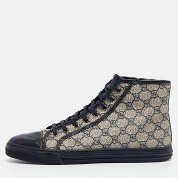 Pre Owned Gucci Beige/Blue GG Supreme Canvas and Leather Cap Toe High Top Sneakers Size 44.5