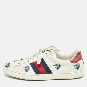 Pre Owned Gucci White Leather Wolf Print Ace Sneakers Size 44.5