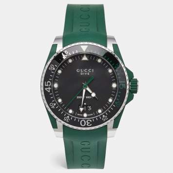 Pre Owned Gucci Black Stainless Green Rubber DIve YA136310 Men's  Wristwatch 40 mm