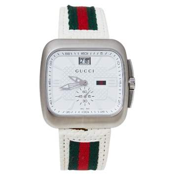 Gucci White Stainless Steel Leather G Coupe Large YA131303 Men's Wristwatch 40 mm
