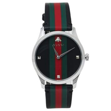 Pre Owned Gucci Green/Red Stainless Steel Leather 126.4 G-Timeless Automatic Men's Wristwatch 38 MM