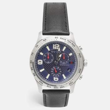 Pre Owned Gucci Blue Stainless Steel Leather G-Timeless YA126223 Men's Wristwatch 44 mm