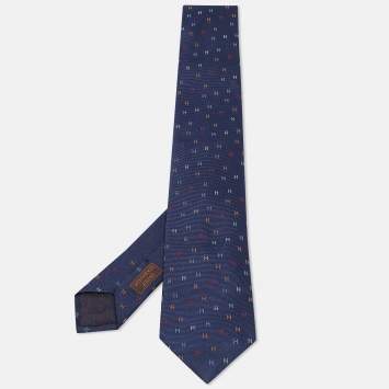 Pre Owned Hermès Navy Blue Silk H Scintillant Tie