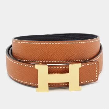 Pre Owned Hermès Noir/Gold Swift and Epsom Leather Constance Reversible Belt 85 CM