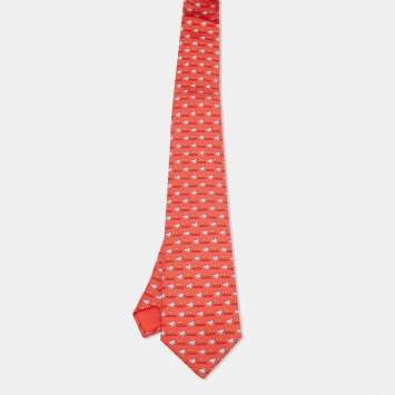 Pre Owned Hermès Red Duck and Fish Print Silk Tie