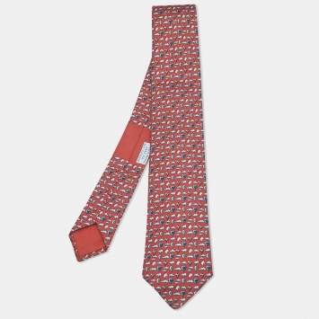 Pre Owned Hermès Brick Red Up in the Clouds Silk Tie 7