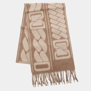 Pre Owned وشاح كشمير هيرمس "كليك-سي-نو" بني جراسيه / طباشير كشمير 100%