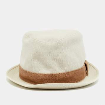 Pre Owned Hermès Beige Linen Blend Leather Trim Fedora Size 60 