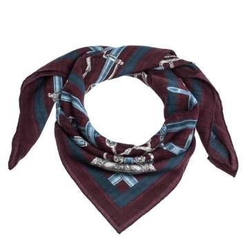 Pre Owned Hermes Burgundy Flamboyant Web Cashmere Blend Square Scarf