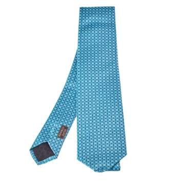Pre Owned Hermes Turquoise Blue Geometric Pattern Silk Jacquard Tie