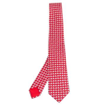 Pre Owned Hermes Rouge 7 Tete Au Carre Silk Twill Tie 