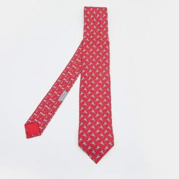 Pre Owned Hermes Red Rodeo Printed Silk Tie