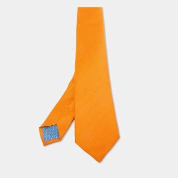 Pre Owned Hermès Orange 7 Chevron Recto Verso Silk Slim Tie 
