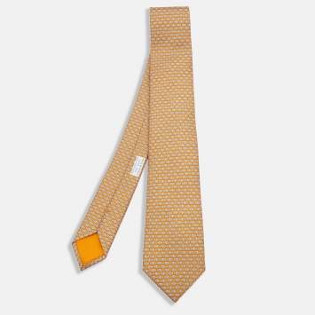 Pre Owned Hermès Orange H Au Maillon Printed Silk Skinny Tie