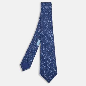 Pre Owned Hermès  Navy Blue 7 Bubble H Printed Silk Skinny Tie