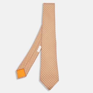 Pre Owned Hermès Orange 7 La Roue Tourne Printed Silk Slim Tie