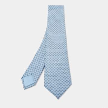 Pre Owned Hermès Blue H Au Maillon Printed Silk Skinny Tie