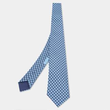 Pre Owned Hermes Navy Blue 7 Cheval Camail Printed Silk Slim Tie