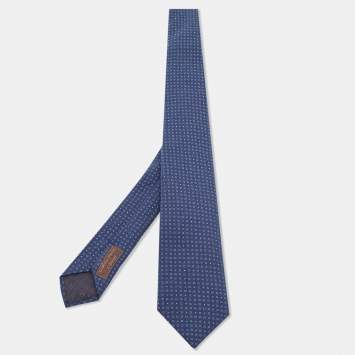مملوكة مسبقًا Hermes Navy Blue Cercles Et Pois Silk & Wool Jacquard Slim Tie