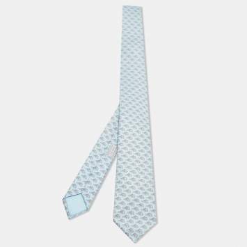 Pre Owned Hermès Blue 7 Happy Tiger Printed Silk Slim Tie