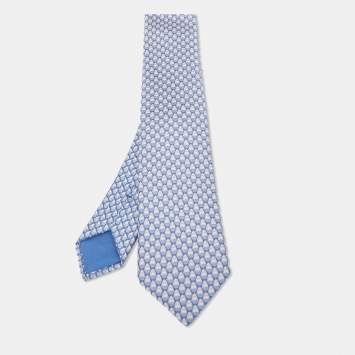 Pre Owned Hermès Blue Les Dents d'Hermes Twillbi Printed Silk Slim Tie