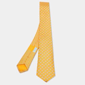 Pre Owned Hermès Orange Roller Dog Printed Silk Slim Tie