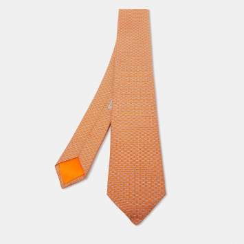 Pre Owned Hermes Orange H Ligne Printed Silk Slim Tie