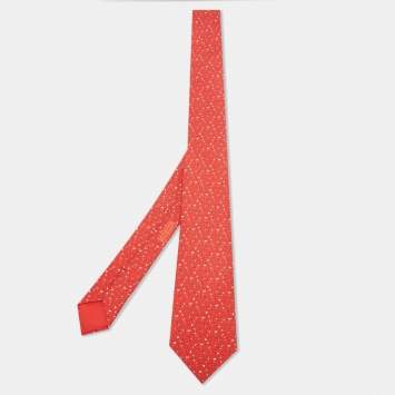 Pre Owned Hermès Red Bubble H Printed Silk Slim Tie