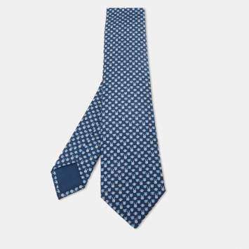 Pre Owned Hermès Navy Blue Tetes A Pois Printed Silk Slim Tie