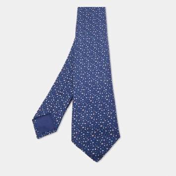 Pre Owned Hermès Navy Blue Bubble H Printed Silk Slim Tie