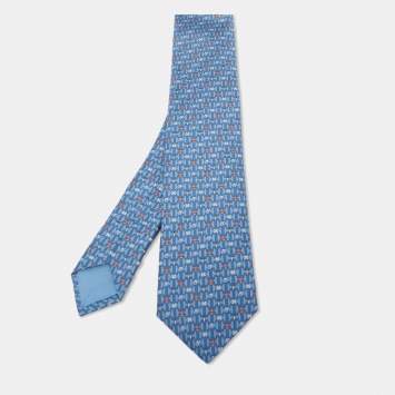 Pre Owned Hermès Blue H Luck Printed Silk Slim Tie