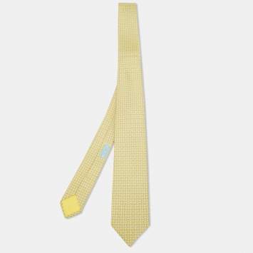 Pre Owned Hermès Yellow 7 Quinte Printed Silk Slim Tie