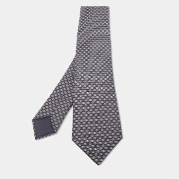 Pre Owned Hermès Black 7 H Au Maillon Printed Silk Slim Tie
