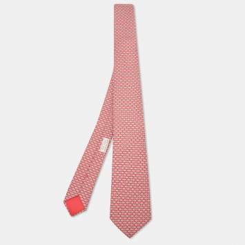 Pre Owned Hermès Dark Pink H Au Maillon Printed Silk Slim Tie