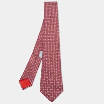 Pre Owned Hermès Red H Maillon Print Silk Tie