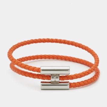 Pre Owned Hermes Tournis Tresse Orange Leather Palladium Plated Bracelet