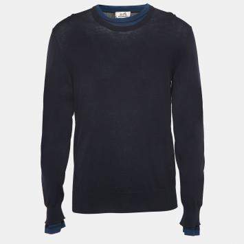 Pre Owned Hermes Navy Blue Cotton Knit Superpose Pullover L