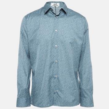 Pre Owned Hermes Blue Printed Cotton Long Sleeve Shirt L