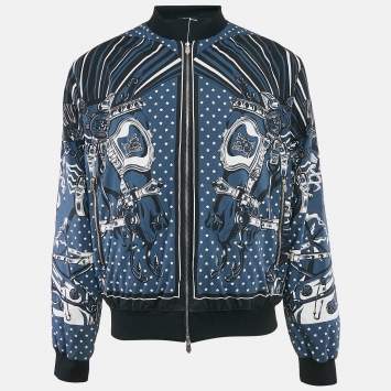 Pre Owned Hermes Blue Cotton and Nylon Reversible Zip-Up Cheval Punk Bandana Jacket XL