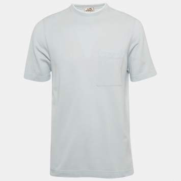 Pre Owned Hermes Blue H Embroidered Cotton Piqures Sellier Crewneck T-Shirt S