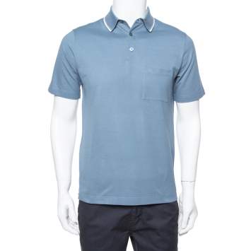 Pre Owned Hermes Blue Gray Cotton Pique Short Sleeve Polo T-Shirt S